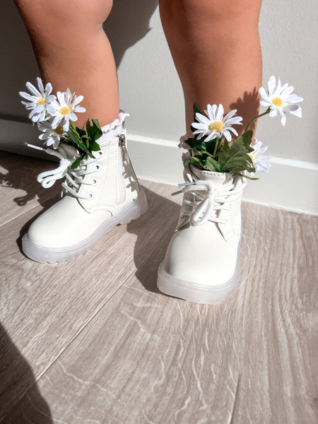 White Lace Up Boots/ Custom Daisy Painted Boots ONE SIZE 28 IN STOCK (AU10)