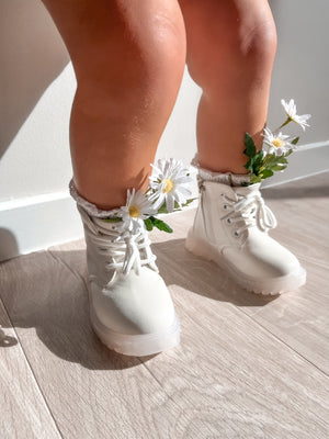 White Lace Up Boots/ Custom Daisy Painted Boots ONE SIZE 28 IN STOCK (AU10)